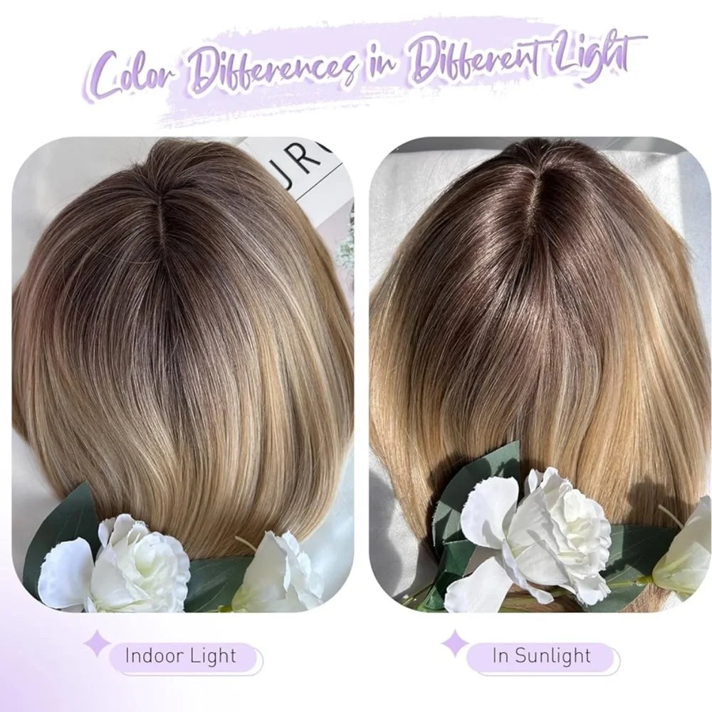 Short Bob Hair Topper with Bangs – Ombre Dark Blonde Synthetic Clip in